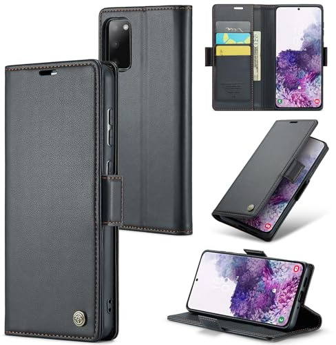 Rerzoiro Handyhülle für Samsung Galaxy S20 Hülle, Premium PU Leder Klapphülle RFID Schutzhülle Magnet Kartenfach Standfunktion Flip Wallet Tasche Case Kompatibel Samsung S20, Schwarz
