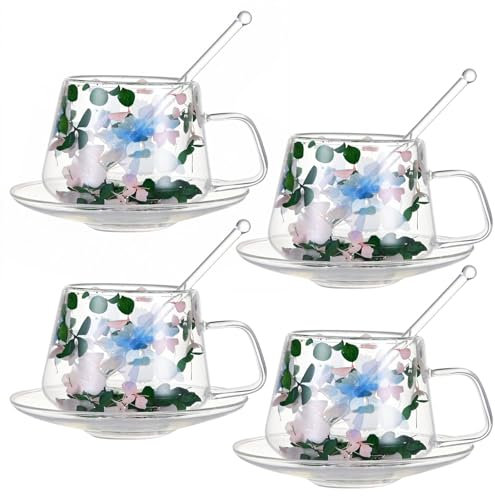 RXMORI Juego de 4 Tazas de café de Cristal de Doble Pared con Platillo, Estéticas Tazas de Flores Secas con Asas, Cucharas, Tazas de café Expreso para Capuchino, café, té y Leche