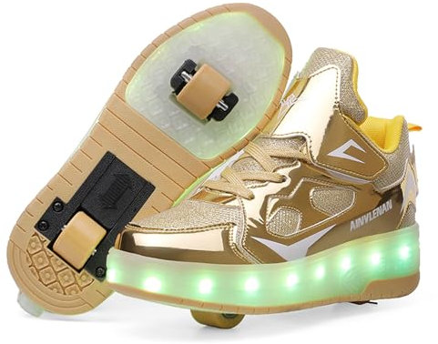 IZADIZADI Blinkende LED-Skatingschuhe für Kinder Rollschuhe für Jungen und Mädchen Leuchtende Schuhe mit USB-Ladefunktion,Gold-36EU