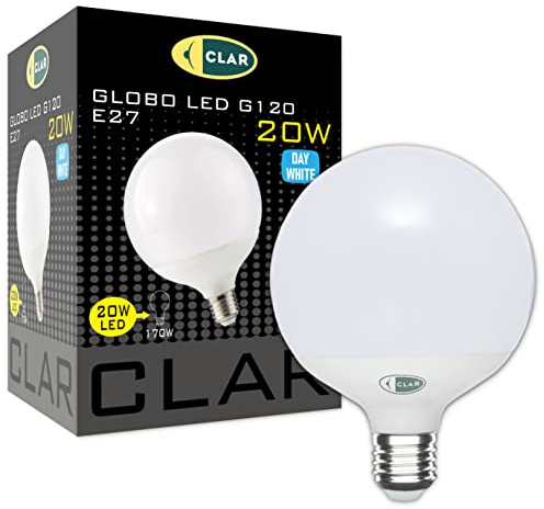 CLAR - Glühbirne Groß, Dekorative Glühbirne, Glühbirne E27 Groß, Durchmesser 120 mm (G120), Nicht dimmbares Leuchtmittel, Neutralweiß 4000ºk, 20W (Pack 1)