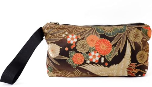 SUMI Borsa da polso in stile Giapponese, Pochette giapponese versatile da donna, 24 x 17 cm, cerniera, due lati: stampa tradizionale giapponese e retro liscio. Interno resistente (Green Garden)