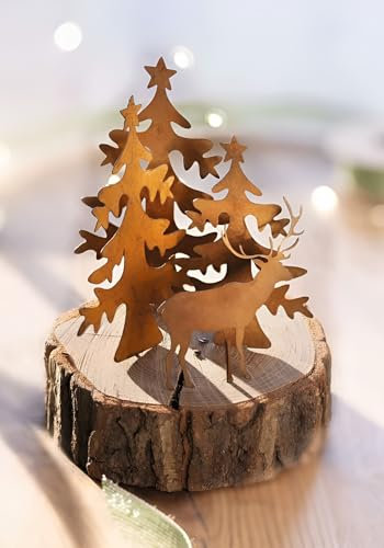 Dekoleidenschaft Metalldeko Hirsch & Tannen aus Metall mit Echt Rost, Dekofigur auf Baumscheibe, 19 cm hoch, Winterdeko, Weihnachtsdeko, Tischdeko