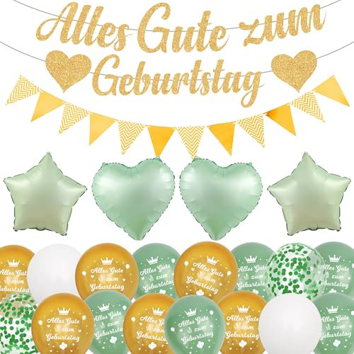 Grün Gold Geburtstagsdeko Frauen Männer - 33 Stücke Alles Gute zum Geburtstag Deko, Luftballons Glitzer Banner Sternen Herz Folienballons Wimpel für Jungen Mädchen Kindergeburtstag Party