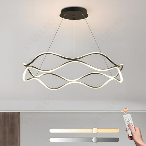YYUTLUO Schwarz Ringkronleuchter, 1 wellenförmiges LED-Ringlicht ø60cm=50W, Metall+Acryl, Dimmbar Mit Fernbedienung, Hängehöhe 150cm Verstellbar, Wohnzimmer Kinderzimmer Schlafzimmer Arbeitszimmer