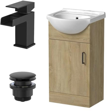 Affine® 450mm Bathroom Vanity Unit Ceramic Sink Floorstanding Storage Cabinet Cupboard & Black Waterfall Basin Tap & Waste Set, Oak Effect