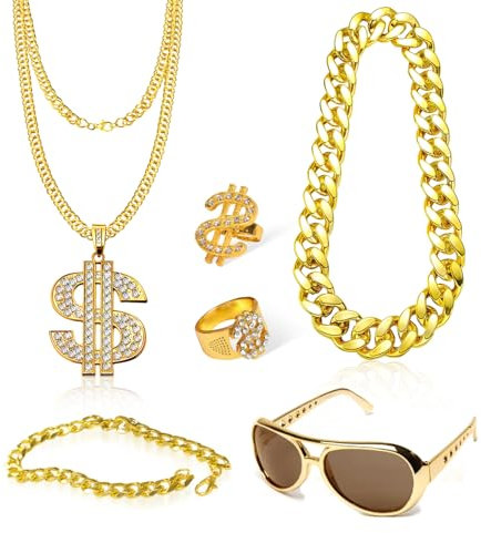 6 Stück Zuhälter Kostüm Rapper kostüm Gold Digger Kostüm Dollar Kette Goldfarbenekette kostüms 80er 90er Hip-Hop Mottopartys Karneval Retro Looks Halloween Maskerade Geburtstagsverkleidungen