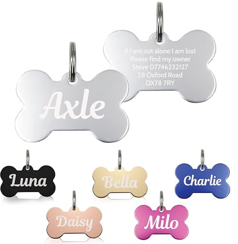 Personalised Dog Tags for Pets Engraved UK Cat Dog Name Identity Pet Tags Doggy Kitten Kitty Puppy Deep Engraved ID Stainless Steel (Bone Shape - Silver)