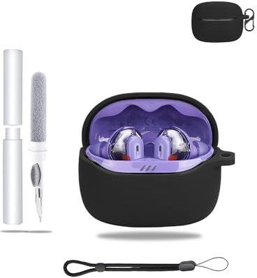 Silicone Protective Case for JBL TUNE BEAM 2 Earbuds - Shockproof Charging Case Storage Bag, Includes Keychain & Cleaner Kit & Lanyard- Stylish & Protective,Black