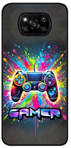 FunKaz Coque pour Xiaomi Poco X3 & Poco X3 Pro - Gamer Manette de Jeu Fond Multicolore - Coque Noire TPU