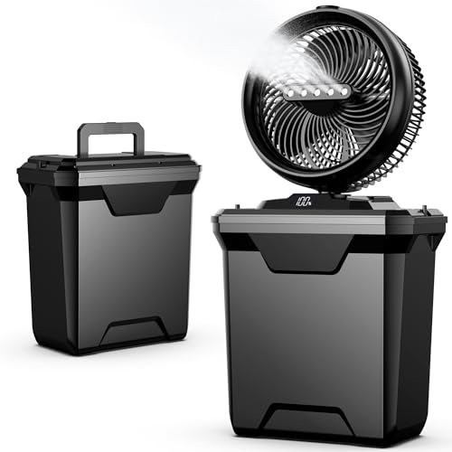 xasla Ventilador de niebla portátil de 10 pulgadas, ventilador de camping recargable de 20000 mAh, 3 niveles de niebla, 4 velocidades de viento, tanque de 11 L, control remoto, oscilación de 45°/90°