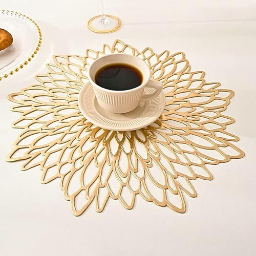 BCughia Tischset 2er Set PVC, Platzdeckchen Gold 36CM rutschfest Hohl Blume Tischset für Glastisch Gartentisch