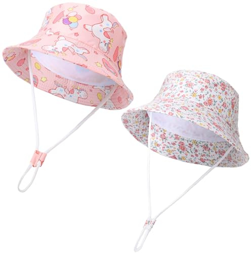 ViEinkaufen Baby Sun Hat,2 Packs Toddler Bucket Hat,Kids Summer Fisherman Hats for Infants Boys Girls,Wide Brim Beach Cap Hat with Chin Strap for Girls 2-5 Years Pink
