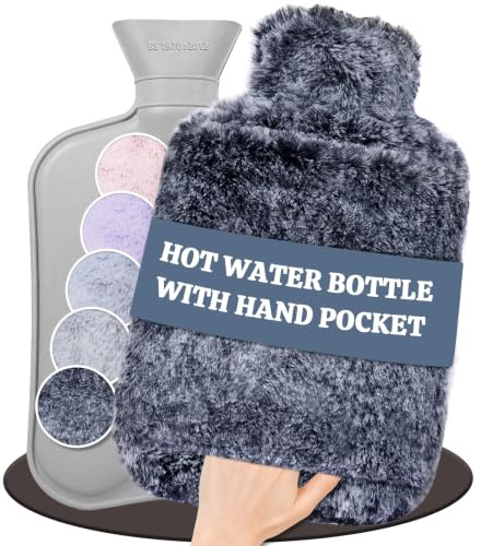 HAOCEE Hot Water Bottle with Cover, 2L, Kangaroo Pocket, Dark Grey | Hot Water Bag, Even Heat, Suitable For Neck, Shoulders, Back, Abdomen, Gift For Family, Friends, Partner