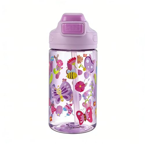 MHwan Gourde Enfant, 400ml, Robuste, Incassable, Anti Fuite, Sans BPA | Ouverture par Simple Pression, Facile à Nettoyer, avec Paille, Idéale pour lÉcole et lExtérieur (Papillon)