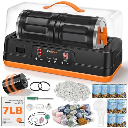 KoolStone C1 Pro Ultra Brushless Rock Tumbler Kit - Dual Barrel 7LB Capacity with Noise-Reducing Cover, Ultra Quiet Professional Rock Polisher with Full Accessories, Perfect STEM Gift