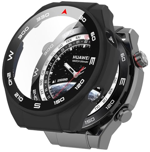 Techsuit für Huawei Watch Ultimate Hülle und Displayschutz mit Gehärtetem Glas, HD Klarheit, Volle Abdeckung, Kratzschutz, Schlankes Design, Defense360 Pro, Schwarz