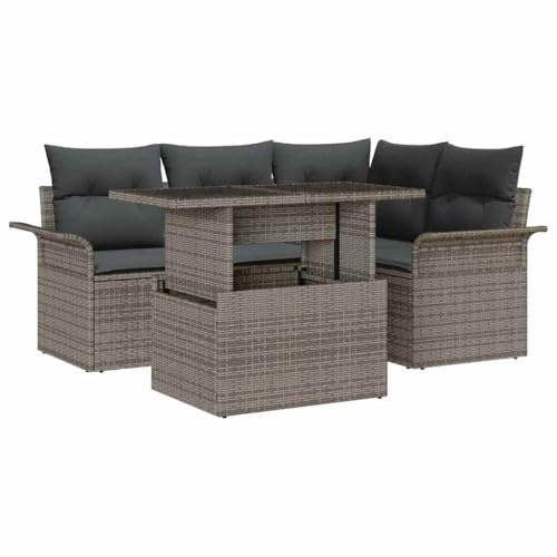 Mhdvray Garten-Sofa-Set 5-TLG. Grau Poly-Rattan Akazienholz wetterfest modulare Lounge Möbel mit höhenverstellbarem Tisch für Balkon Terrasse und Garten
