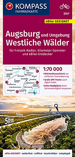 KOMPASS Fahrradkarte 3347 Augsburg und Umgebung, Westliche Wälder 1:70.000: reiß- und wetterfest mit Extra Stadtplänen