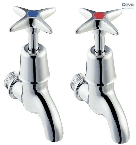 Deva 095X Chrome Cross Handle Wall Mount Bib Tap Pair with 80 mm Spout