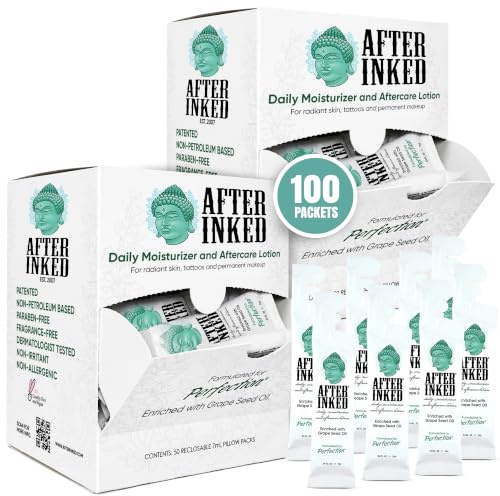 After Inked Tattoo Aftercare Lotion 100 × 7 ml Sachets Moisturizing & Healing Balm for New & Existing Tattoos – Grape Seed Oil Formula, Vegan & Cruelty‑Free Skin Care