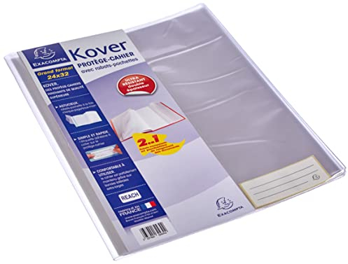 Exacompta - Réf. 32430E - 1 protège-cahier Translucide KOVER avec étiquettes adhésives - En PVC plastique lisse 22/100ème - Format 24 x 32 cm - A3 - coloris incolore