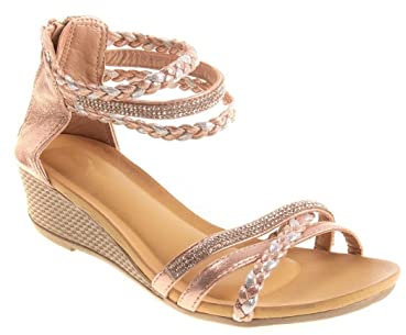 Sandales Femme Petit Talon compensé Bride Cheville tressée & strass,Rose,41 EU