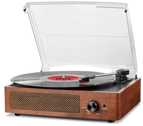 Mersoco Bluetooth Record Player Belt-Driven 3-Speed Turntable, Vintage Vinyl Record Players Built-in Stereo Speakers, with Headphone Jack/Aux Input/RCA Line Out, Wooden