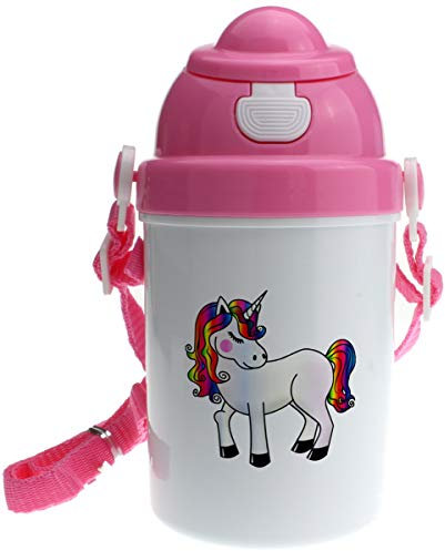 Personalised Girls Pink Unicorn Plastic Drinking Bottle With Popup Lid and Straw