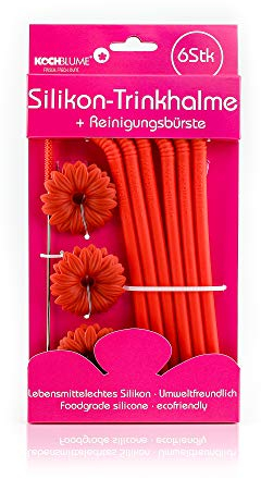 Kochblume Silikon-Trinkhalm-Set | 6-teilig mit Reinigungsbürste (rot)