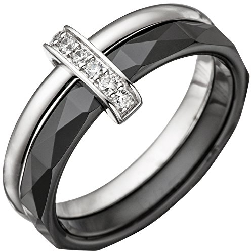 Jobo Damen-Ring aus 925 Sterling Silber und schwarzer Keramik mit 6 Zirkonia Größe 58