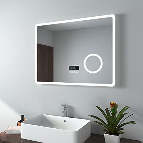 EMKE Badspiegel mit Beleuchtung 80x60cm Badezimmerspiegel kaltweiß Lichtspiegel Wandspiegel mit Touchschalter, beschlagfrei, Bluetooth 4.1 Lautsprecher, 3-Fach Vergrößerung Schminkspiegel