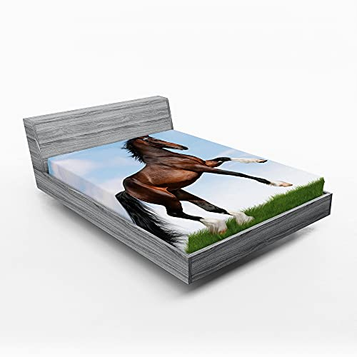 ABAKUHAUS Pferde Spannbetttuch, Pferd Pacing auf Gras, Soft Dekorativer Stoff Bettwäsche Rund-um Elastischer Gummizug, 140 cm x 200 cm, Blau, Grün, Braun