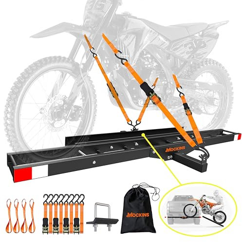 Mockins Portabiciclette con rampa, capacità 226,8 kg, anti-ribaltamento, supporto per gancio di traino per moto da 185,4 cm, in acciaio, per gancio di traino con cinghie e stabilizzatore