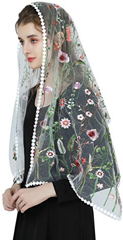 BEAUTELICATE Mantilla Spitze Schleier Katholisch Schal Stola Kopftuch für Damen Kirche Gottesdienst Messe Kapelle Braut V118 (Blätter Blütenmuster - Weiß, 140cm*60cm)