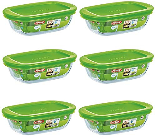 Pyrex Microwave Safe Classic Rectangular Glass Dish Vented Lid 0.35 Litre Green (Pack of 6)