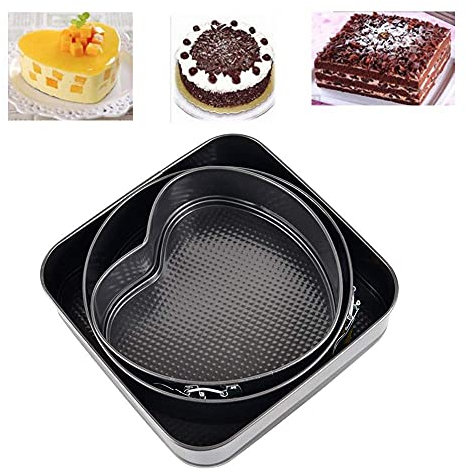 Falytemow Cake Tin Set Nonstick Springform Pan with Removable Bottom 3 Pieces Cake Molds of Heart Round Square Leakproof Cheesecakes Pan Bakeware Set