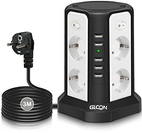 GLCON Ciabatta Multipresa con Protezione da Sovratensione, 8 Prese con 4 Interruttori, Presa Multipla con 5 USB (5 V/5 A), 2500 W, per Phone PC, laptop, Smart TV, Presa con Cavo da 3m