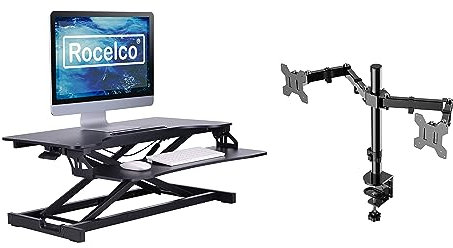 Rocelco Standing Desk Converter with Dual Monitor Mount - 31.5 Inch Sit Stand Up Tabletop Riser with Tablet Holder, Height Adjustable Workstation - Deep Keyboard Tray for Laptop - Black (R VADRB-DM2)