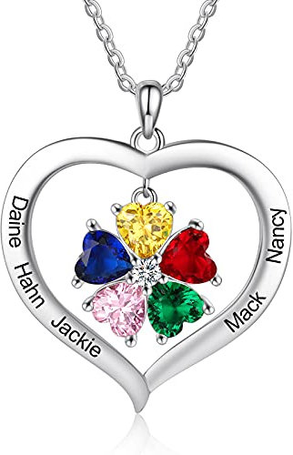 ALBERTBAND Personnalisé 1-8 Pierres de Naissance Collier Argent 925 Collier Dames Pendentif Coeur avec Nom Gravure Mère Fille Chaîne Cadeau pour la Fête des Mères Saint Valentin Noël (5 names)