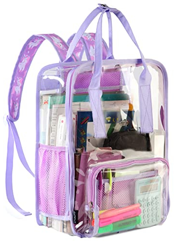 VASCHY Klarer Rucksack Heavy Duty Transparent Durchsichtig Schulrucksack Weiß und transparent Hellviolettes Einhorn
