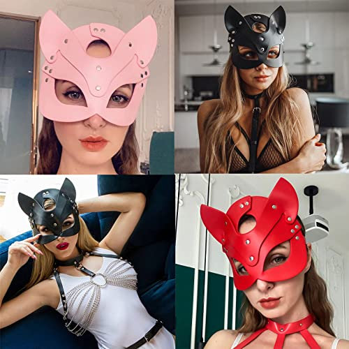 SINSEN Damen Leder-Katzenmaske, sexy Halbgesichts-Augenmaske, Cosplay-Kostüm, Requisiten, Halloween, Party, Maskerade, Karneval, Zubehör (3 Stück)