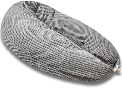 HOBEA-Germany Stillkissen 190 cm x 76 cm XXL Lagerungskissen Schwangerschaftskissen für Baby und Erwachsene Seitenschläferkissen Stillkissen mit Bezug aus Bio Baumwolle, Waffelmuster Grau