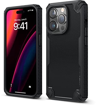 elago Armor Case Compatible with iPhone 14 Pro Case (6.1), US Military Grade Drop Protection, Heavy-Duty Protective Case, Carbon Fiber Texture, Tough Rugged Design, Shockproof Bumper Cover (Black)