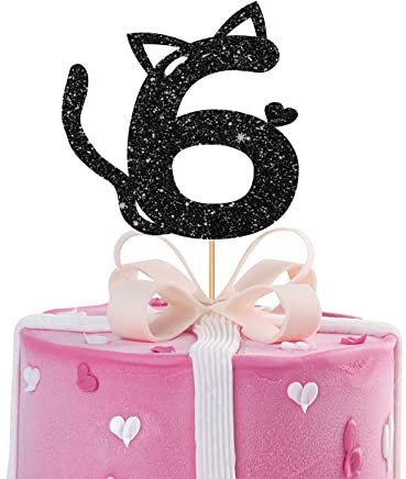 Katze Sechs Kuchenaufsatz, Nummer 6 Kuchenaufsatz für Baby Mädchen, Kitty Happy 6th Birthday Party Supplies, Haustier Katze Sechs Jahre alt Party Dekoration - Rosa Glitzer