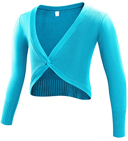 SEAUR Wickeljacke Mädchen Tanz Ballettjacke Langarm Strickjacke Ballett Gymnastik Yoga Bolero Tanzpullover Top - A Pfauenblau - L