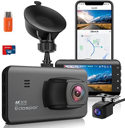 4K Dash Cam Front and Rear(1080P FHD) with GPS & WiFi, Dual Dashcam for Car with Super Night Vision, Parking Mode, 64G SD Card, 170° Wide Angle, G-Sensor,3 IPS Display, APP Control, Support 256GB Max