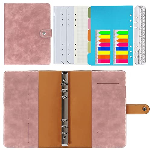 Ringbuch a5 Nachfüllbar,PU Leder Nachfüllbares Notizbuch Ringbuch A5 Tagebuch Karierte Papier Echtleder Innentaschen für Reisearbeit und Organizer,Geschenk für Mädchen, Jungen (Rosa 23x17cm)