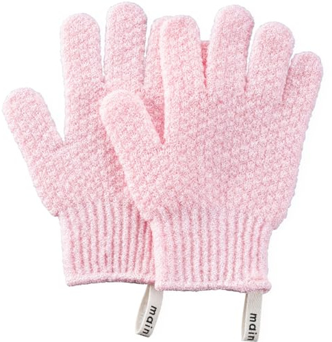 MainBasics Deep Exfoliating Bath Gloves - Heavy-Textured Nylon Shower Scrub for Dead Skin Removal - Machine Washable (1 Pair, Soft Pink)