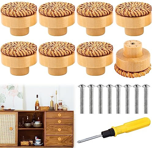 8 Stück Rattan Möbelknöpfe mit Schrauben, 40mm Möbelknöpfe Holz Boho Deko, Schrankknöpfe Kommodenknöpfe Schubladenknöpfe Vintage Schubladenschrank, für Kommode, Schrank, Schubladen, Wohnzimmer
