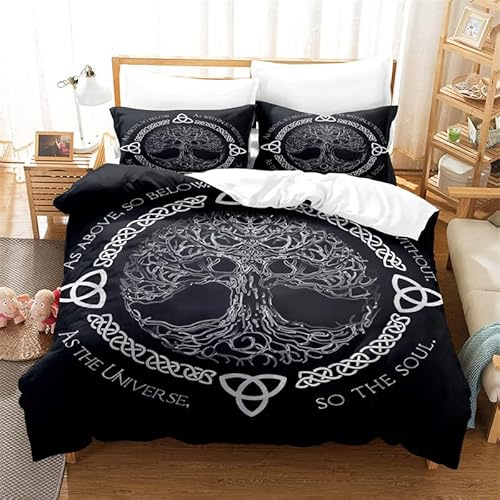 Bettwäsche 200x200cm Baum des Lebens Bettbezug Set 3 Teilig Vikings Keltischer Knoten Weiche Microfaser 3D Motiv Luxus Modern Bettdeckenbezug mit Reißverschluss und 2 Kissenbezüge 80x80cm